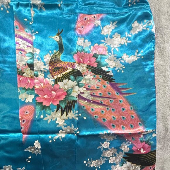 Zhong Sang Kimono Women's Large Long Blue Peacock & Floral Print Twisting Satin - Picture 8 of 11